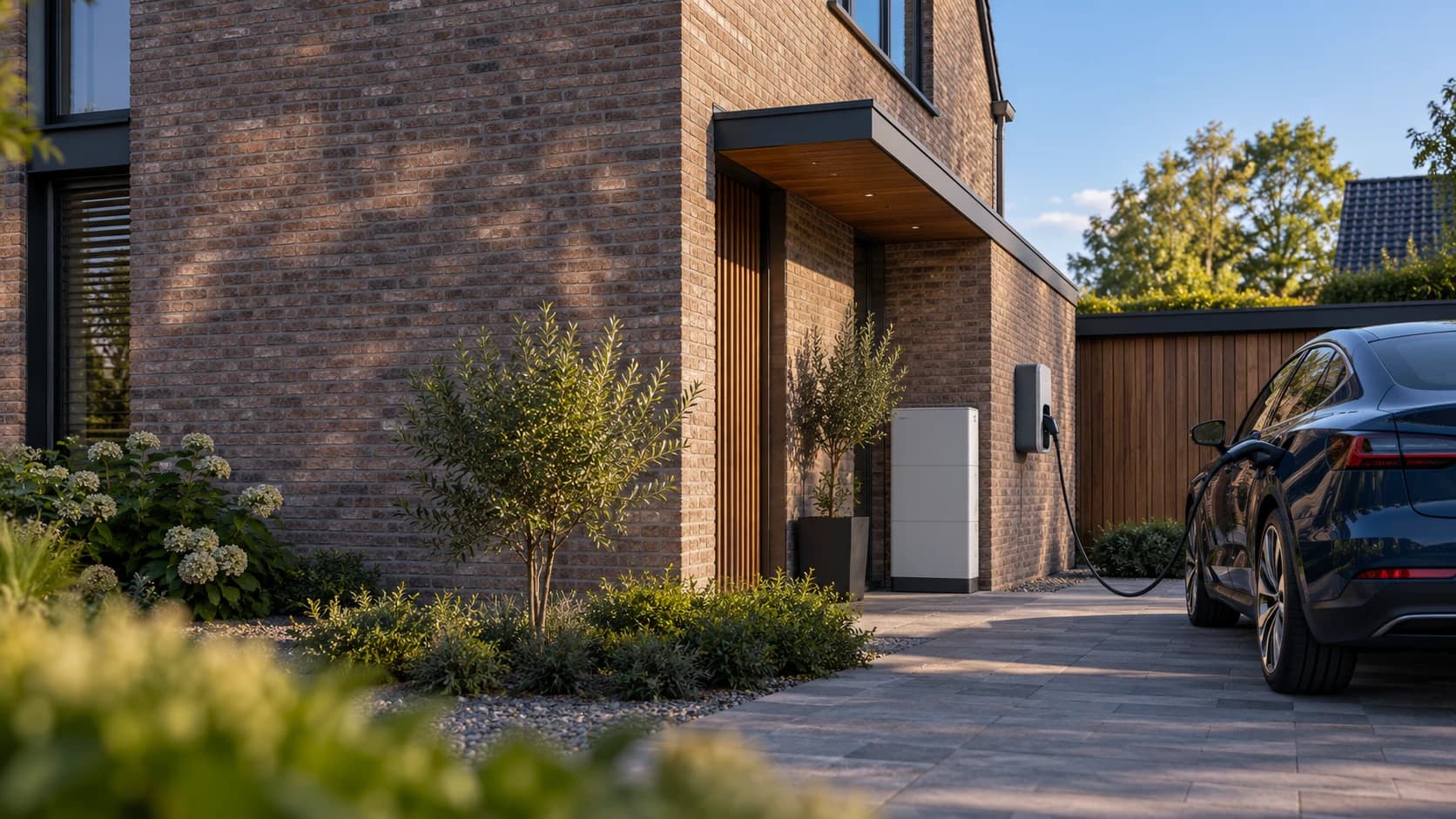 AI-illustratie van een woning met een laadpaal, thuisbatterij en elektrische auto