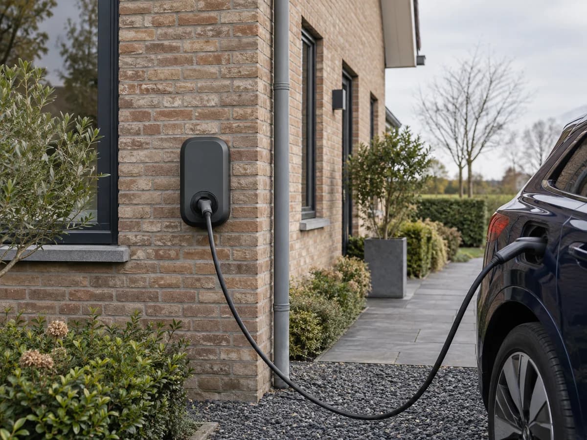 AI-illustratie van een laadpunt bij een woning met een aangesloten elektrische auto