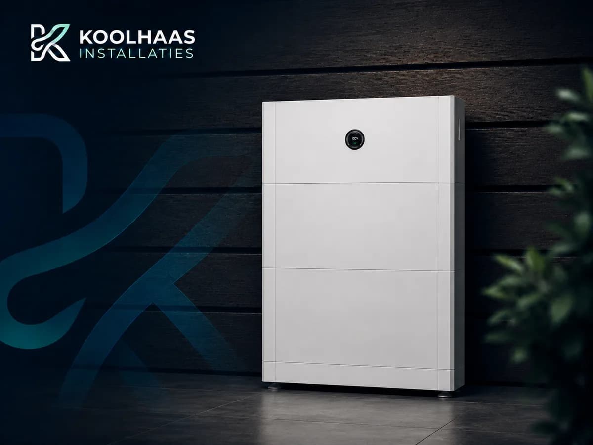 Growatt thuisbatterij geplaatst tegen een donkere gevel