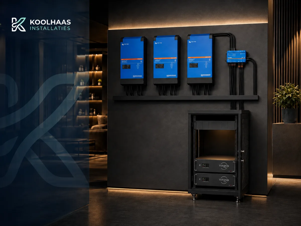 Victron omvormers aan de wand met een batterijrek eronder in een technische ruimte