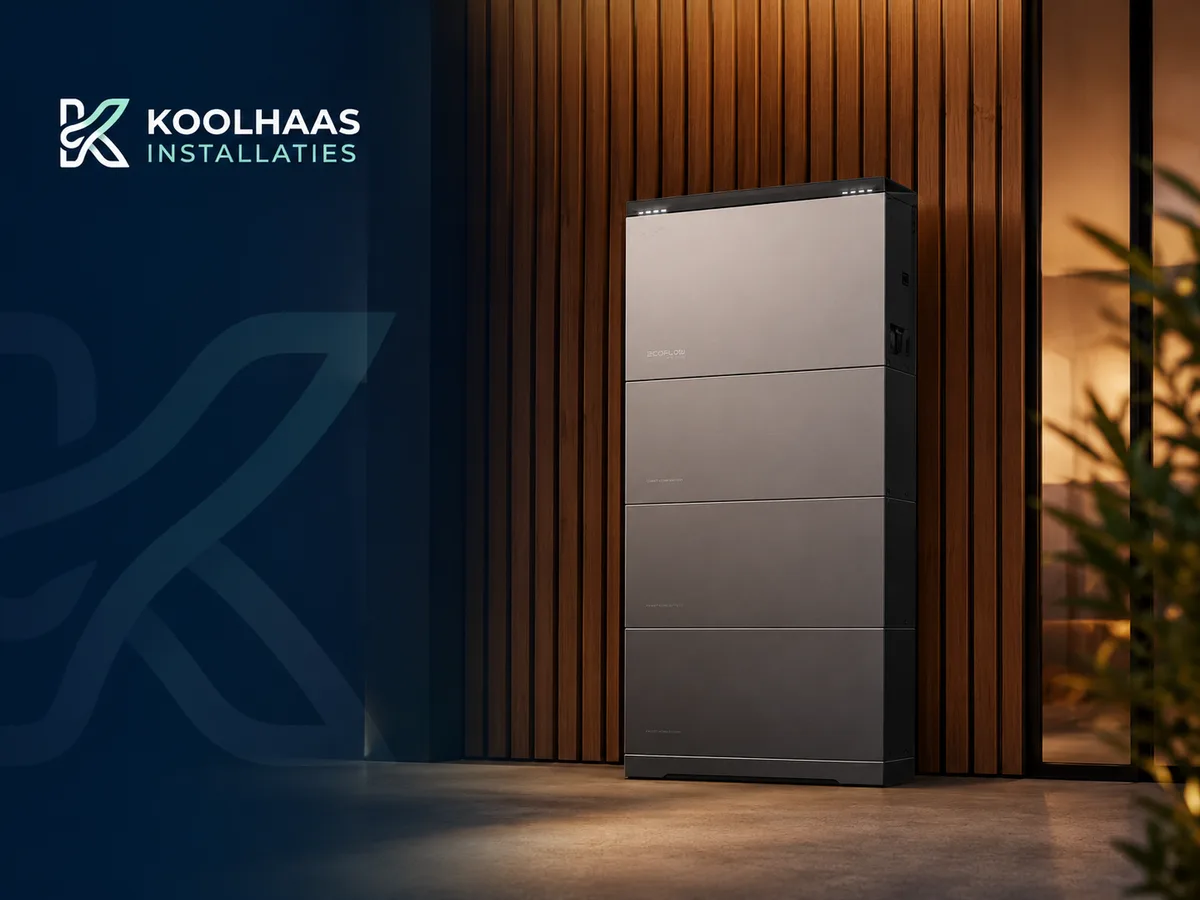 EcoFlow thuisbatterij geplaatst tegen een houten gevel