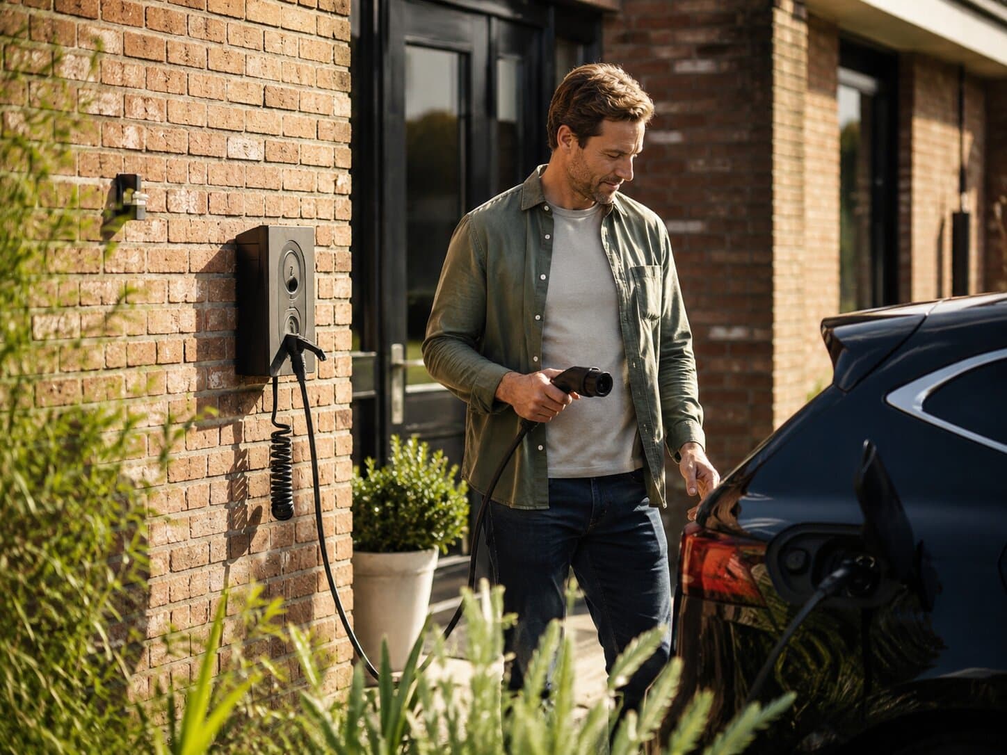 Man sluit zijn elektrische auto thuis aan op de laadpaal