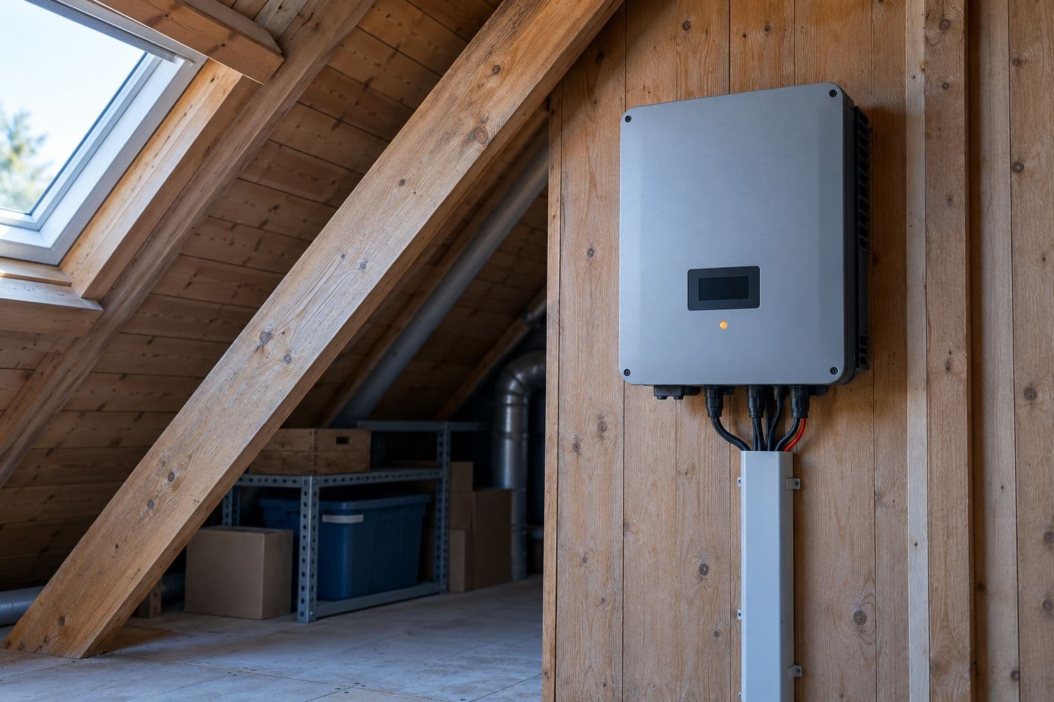 Illustratief beeld van een omvormer van zonnepanelen aan de wand