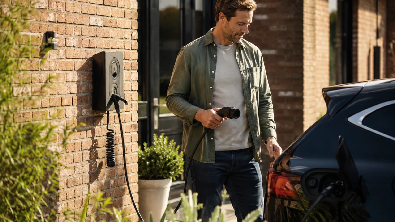 Man sluit zijn elektrische auto thuis aan op de laadpaal