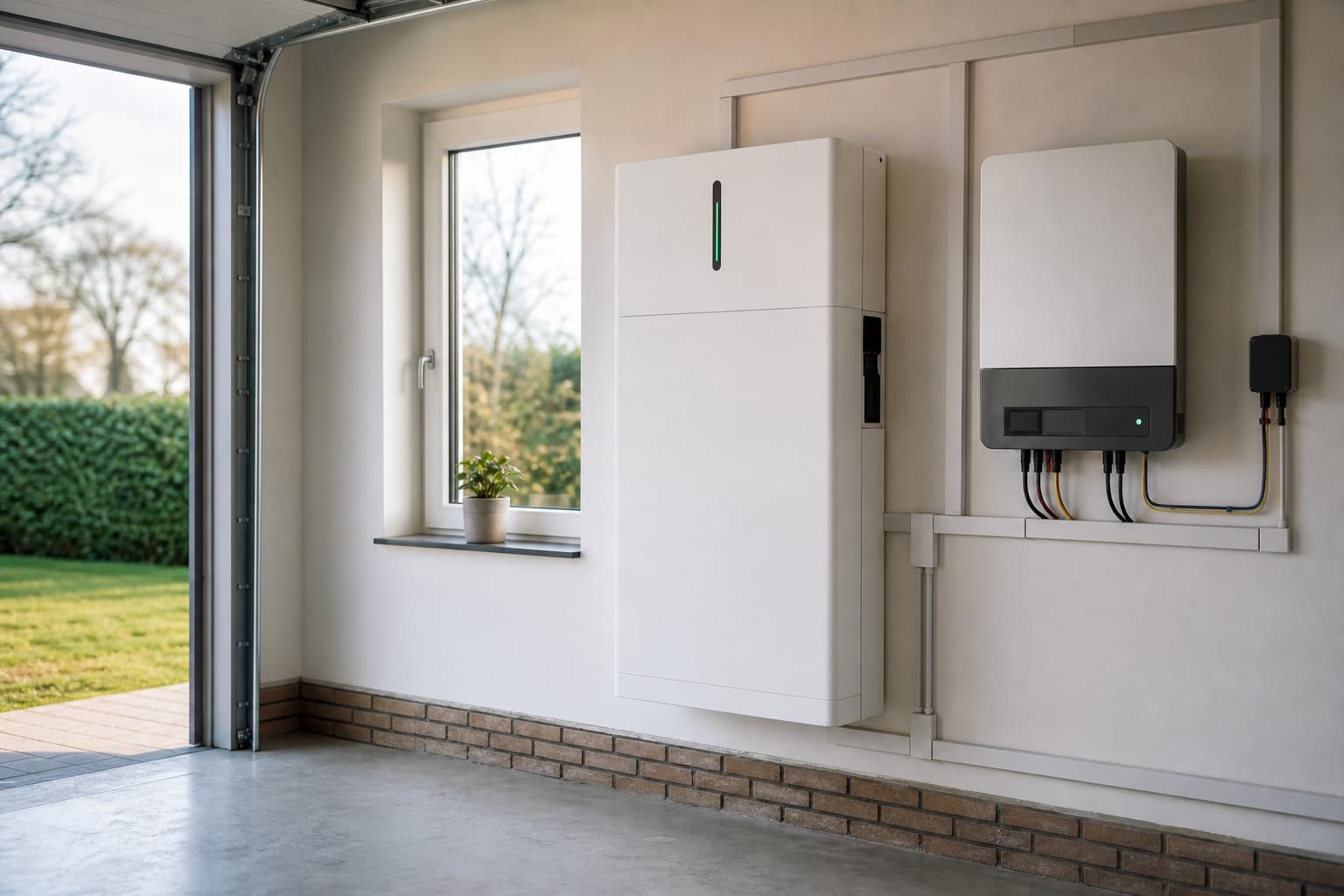 Illustratieve thuisbatterij in een technische ruimte
